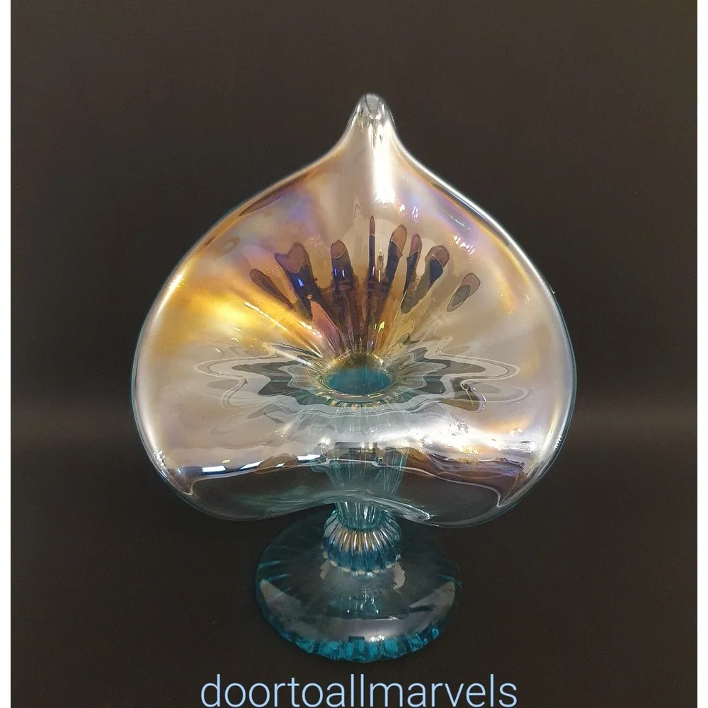 Vintage Jack in the Pulpit Candleholder Iridescent Aqua Glass Hand Blown Signed